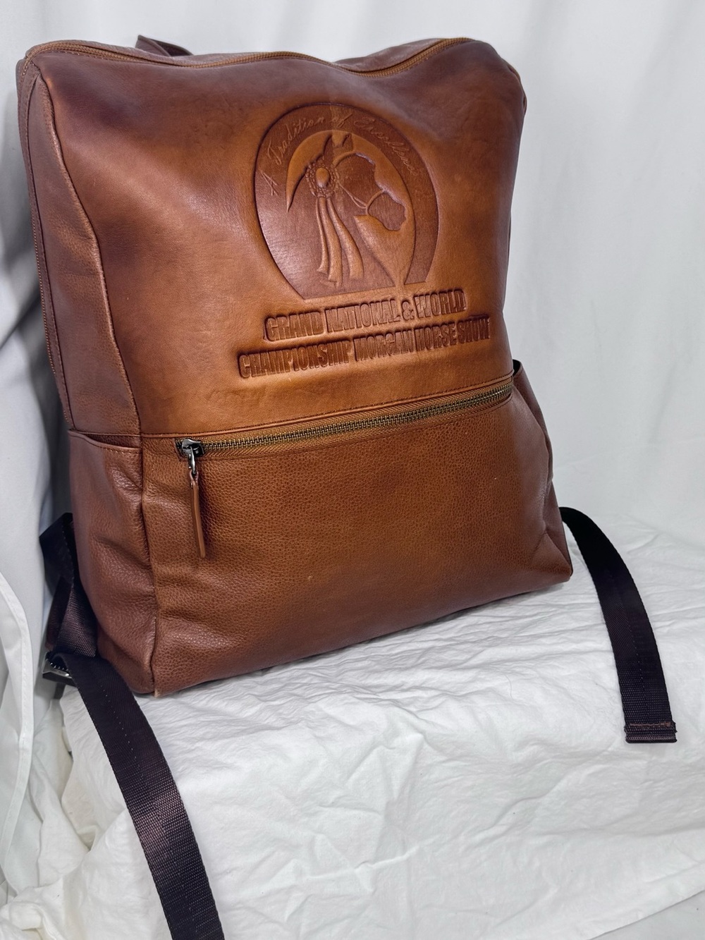 Marsha de Arriaga Brown Leather Grand National Morgan Horse Show Backpack - Picture 15 of 16